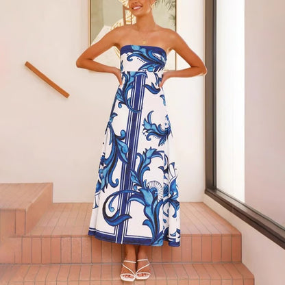 Vestido largo sin tirantes con estampado vintage para mujer