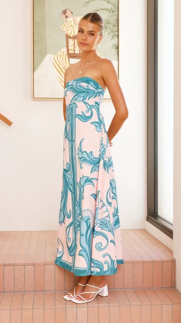 Vestido largo sin tirantes con estampado vintage para mujer