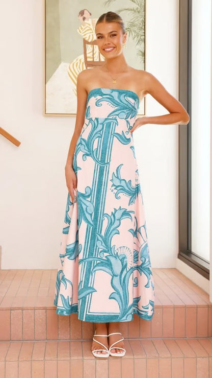 Vestido largo sin tirantes con estampado vintage para mujer