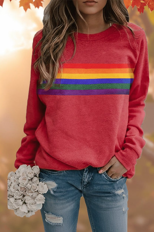Polerón holgado retro con rayas arcoíris para mujer