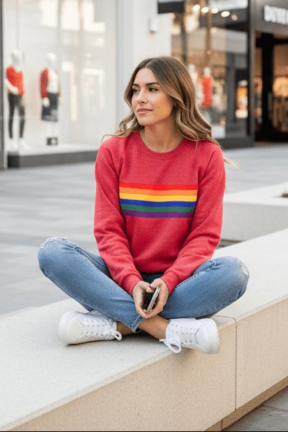 Polerón holgado retro con rayas arcoíris para mujer