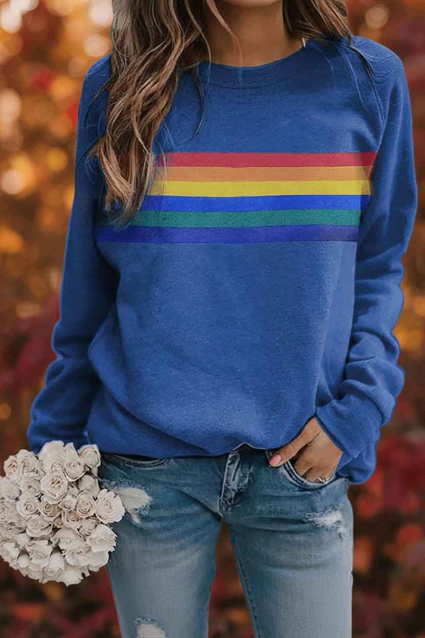 Polerón holgado retro con rayas arcoíris para mujer