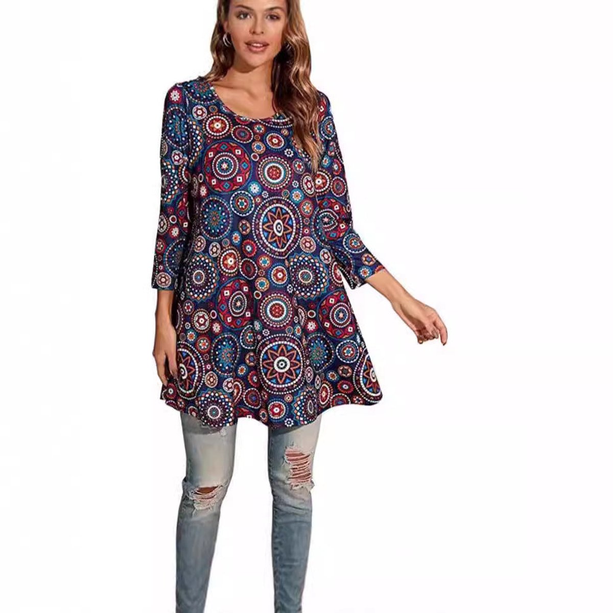 Túnica holgada con estampado de mandala y manga 3/4 para mujer