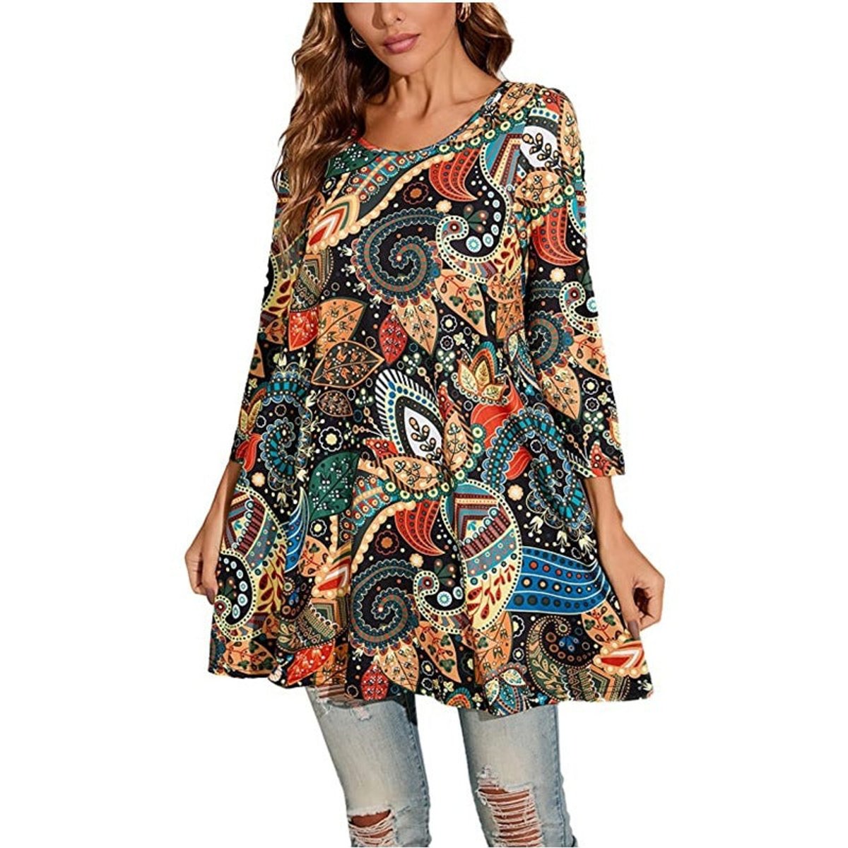 Túnica holgada con estampado de mandala y manga 3/4 para mujer