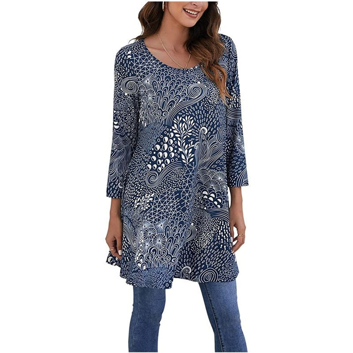 Túnica holgada con estampado de mandala y manga 3/4 para mujer