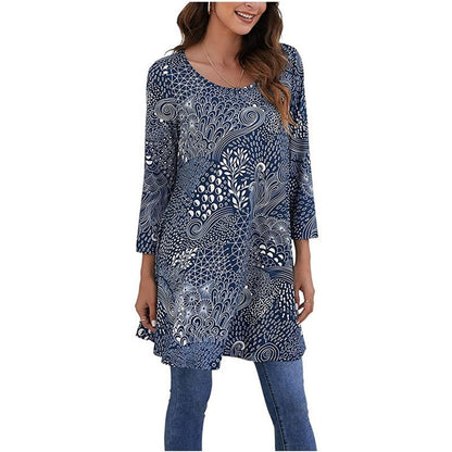 Túnica holgada con estampado de mandala y manga 3/4 para mujer