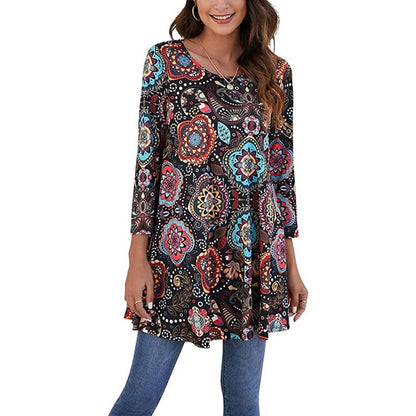 Túnica holgada con estampado de mandala y manga 3/4 para mujer