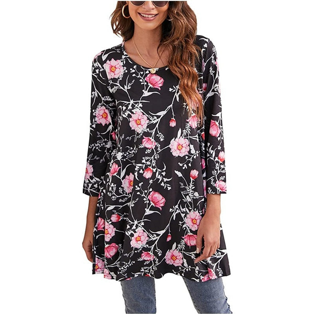 Túnica holgada con estampado de mandala y manga 3/4 para mujer