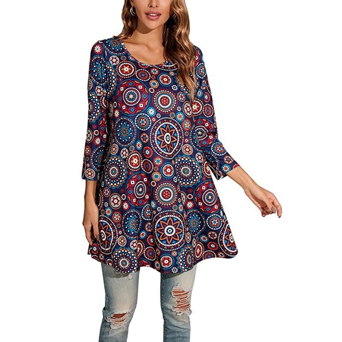 Túnica holgada con estampado de mandala y manga 3/4 para mujer