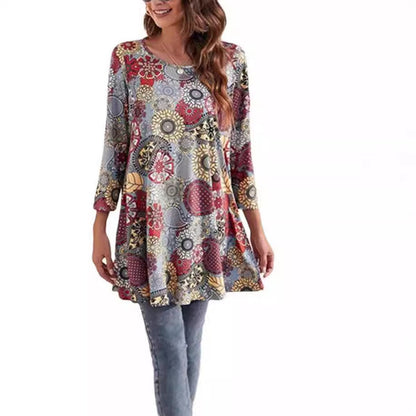 Túnica holgada con estampado de mandala y manga 3/4 para mujer