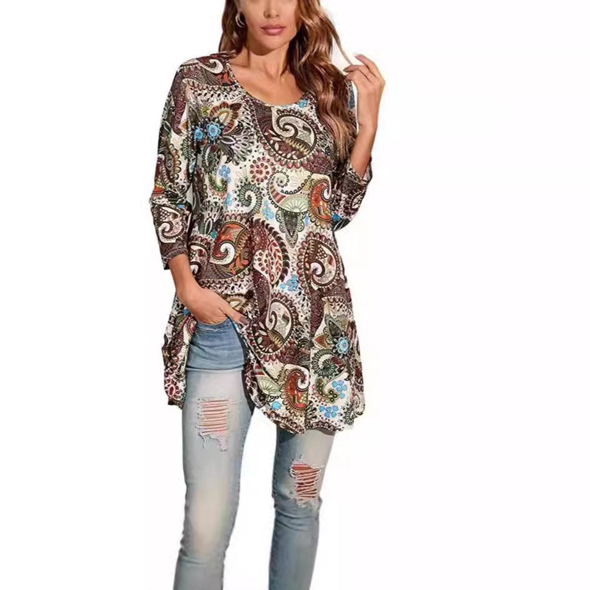 Túnica holgada con estampado de mandala y manga 3/4 para mujer