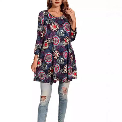 Túnica holgada con estampado de mandala y manga 3/4 para mujer