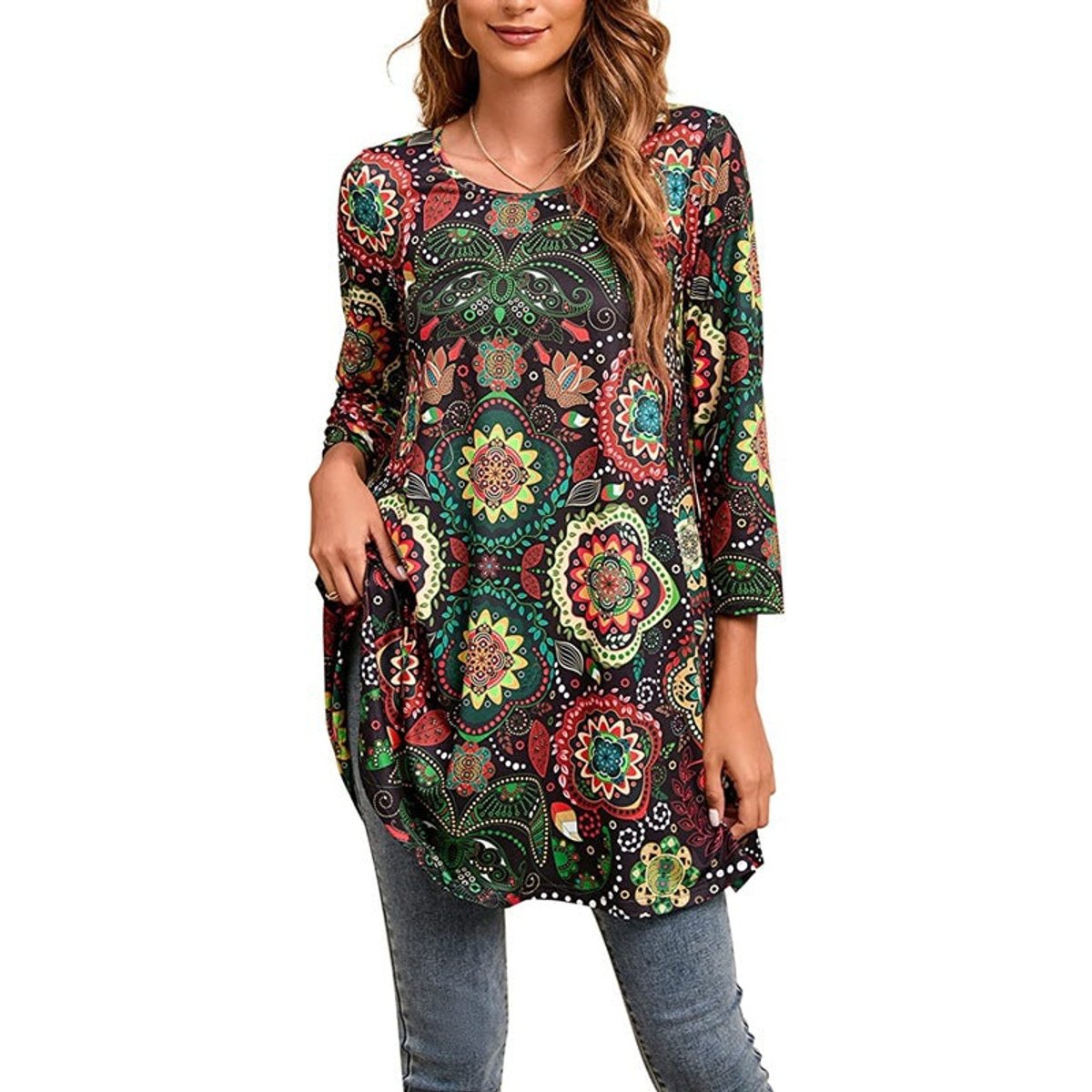Túnica holgada con estampado de mandala y manga 3/4 para mujer