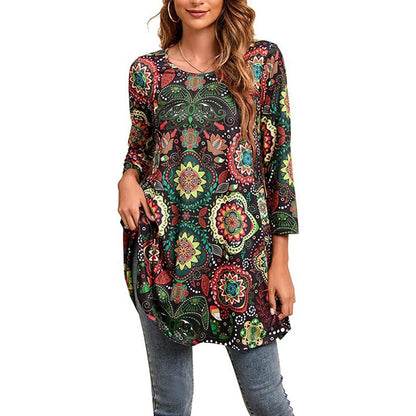 Túnica holgada con estampado de mandala y manga 3/4 para mujer