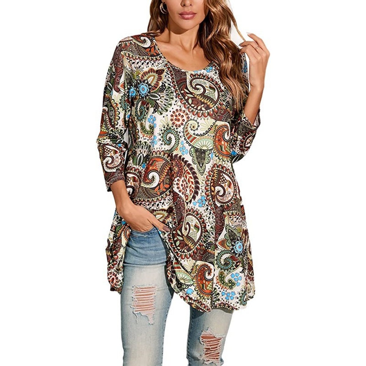 Túnica holgada con estampado de mandala y manga 3/4 para mujer