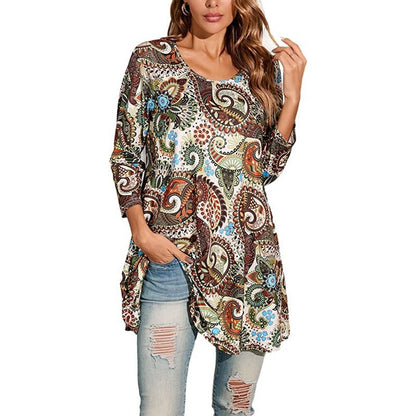 Túnica holgada con estampado de mandala y manga 3/4 para mujer