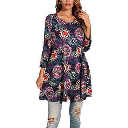 Túnica holgada con estampado de mandala y manga 3/4 para mujer