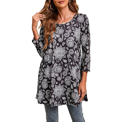 Túnica holgada con estampado de mandala y manga 3/4 para mujer