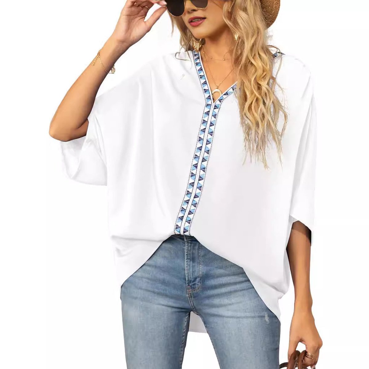Túnica Holgada con Cuello en V y Detalle de Bordado Geométrico para Mujer
