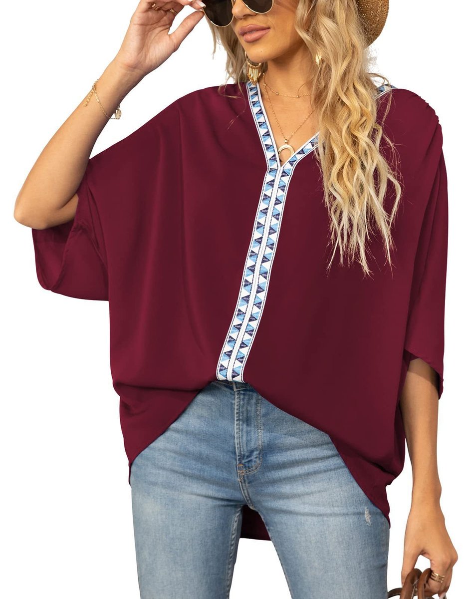 Túnica Holgada con Cuello en V y Detalle de Bordado Geométrico para Mujer