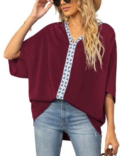 Túnica Holgada con Cuello en V y Detalle de Bordado Geométrico para Mujer
