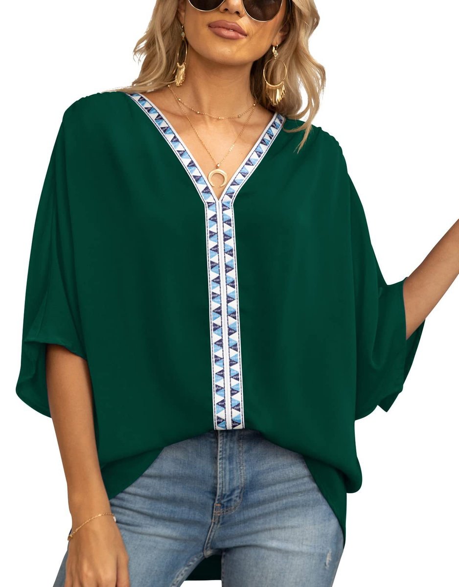 Túnica Holgada con Cuello en V y Detalle de Bordado Geométrico para Mujer