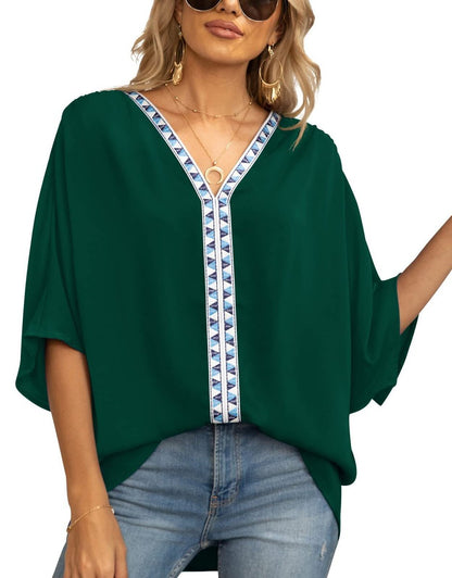 Túnica Holgada con Cuello en V y Detalle de Bordado Geométrico para Mujer