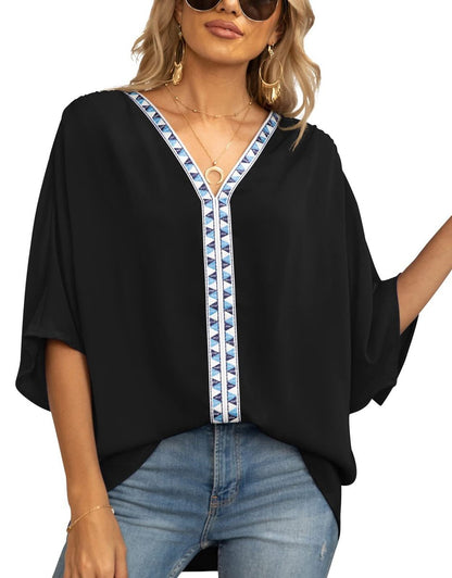 Túnica Holgada con Cuello en V y Detalle de Bordado Geométrico para Mujer