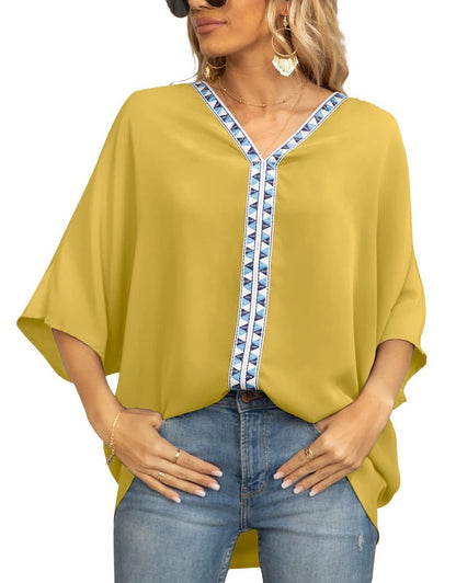 Túnica Holgada con Cuello en V y Detalle de Bordado Geométrico para Mujer