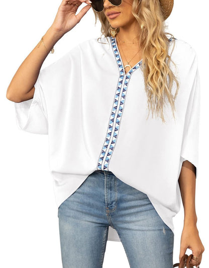 Túnica Holgada con Cuello en V y Detalle de Bordado Geométrico para Mujer