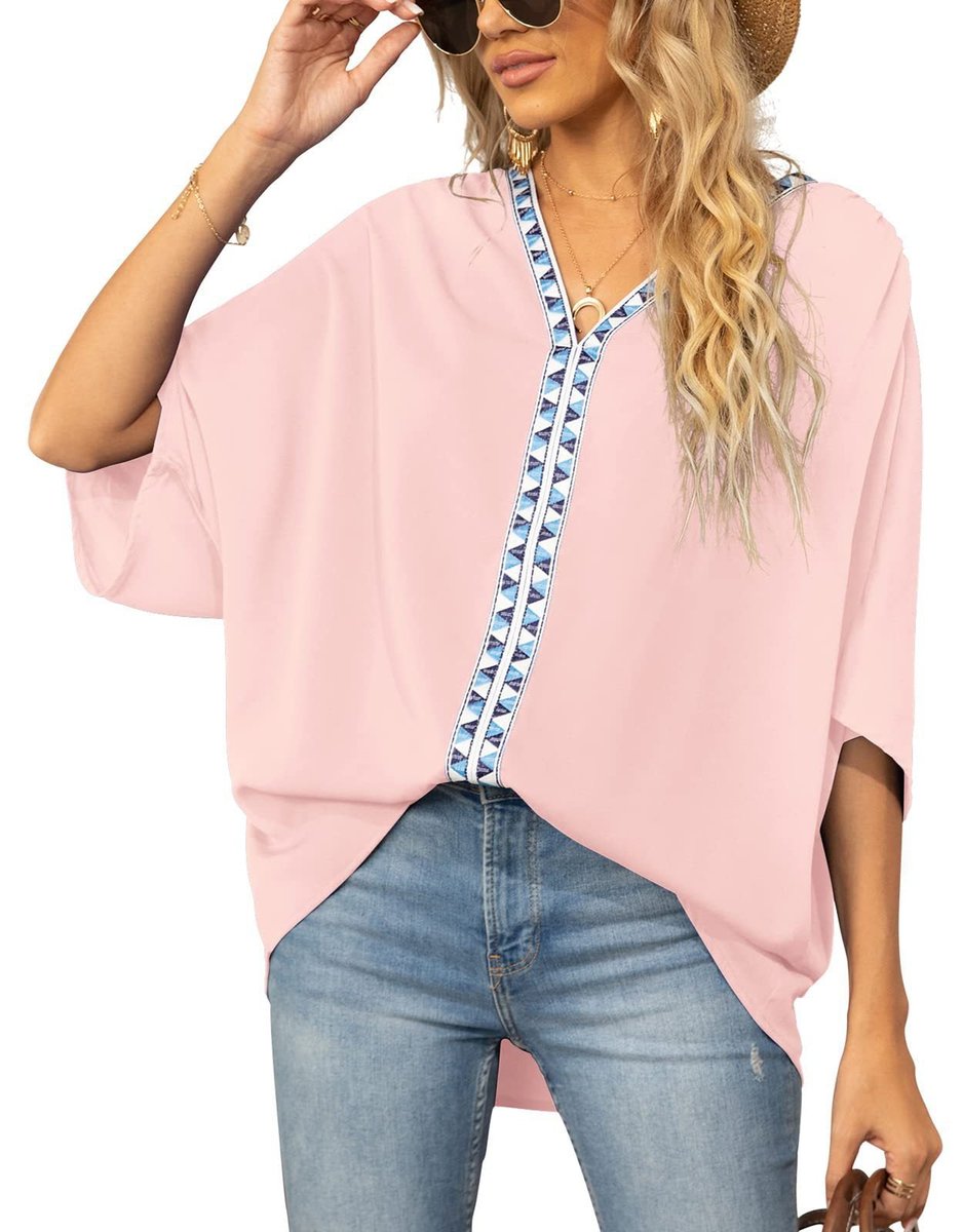 Túnica Holgada con Cuello en V y Detalle de Bordado Geométrico para Mujer