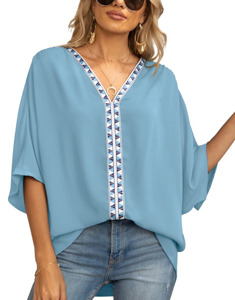 Túnica Holgada con Cuello en V y Detalle de Bordado Geométrico para Mujer