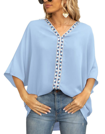 Túnica Holgada con Cuello en V y Detalle de Bordado Geométrico para Mujer