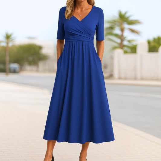 Vestido midi cruzado corte A de manga corta para mujer