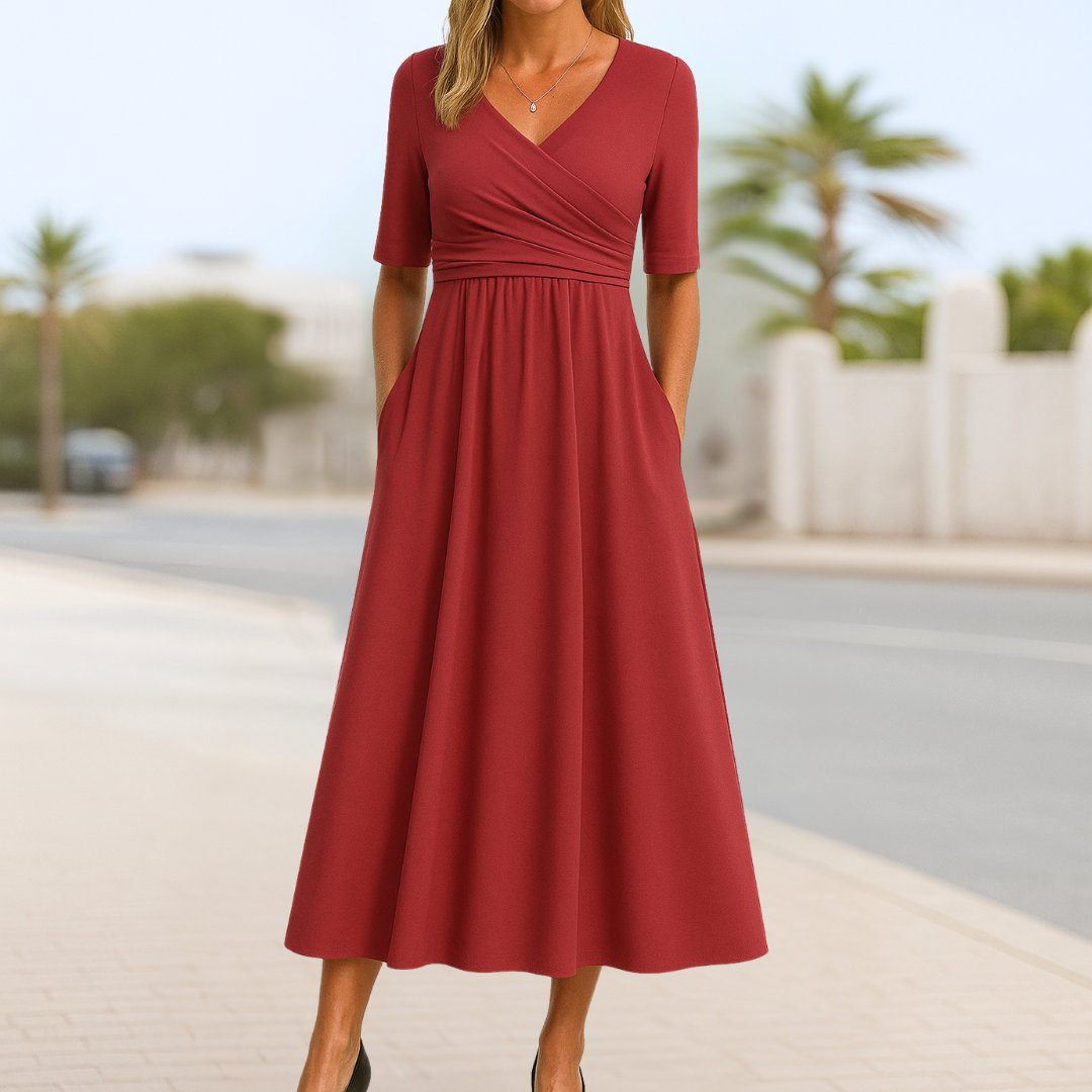 Vestido midi cruzado corte A de manga corta para mujer