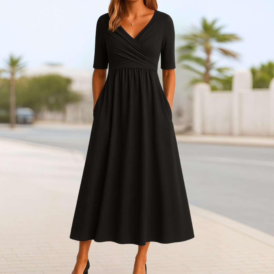 Vestido midi cruzado corte A de manga corta para mujer