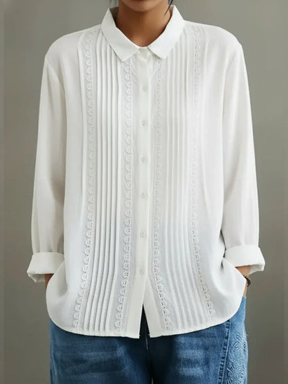 Blusa Abotonada de Manga Larga con Encaje y Plisados para Mujer