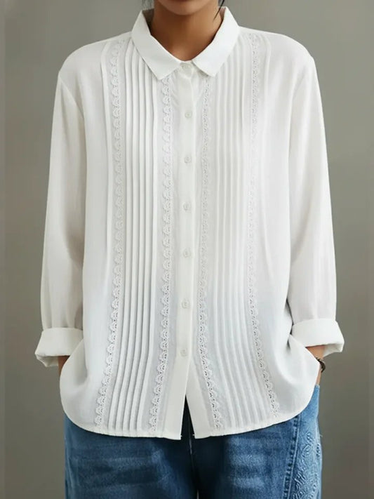 Blusa Abotonada de Manga Larga con Encaje y Plisados para Mujer
