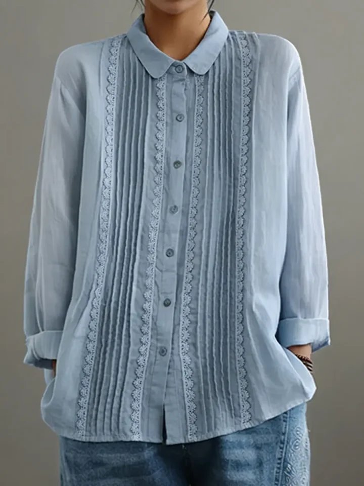 Blusa Abotonada de Manga Larga con Encaje y Plisados para Mujer