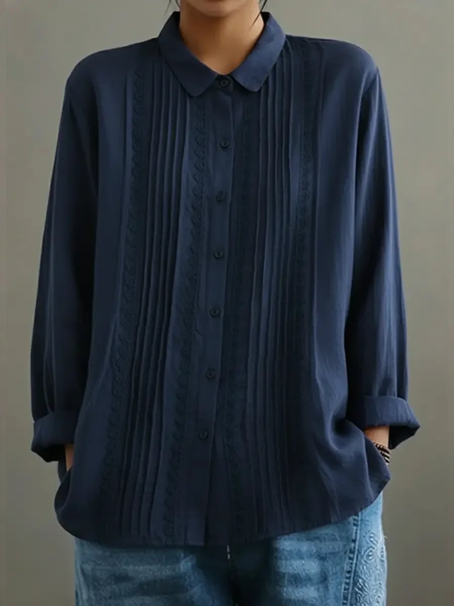 Blusa Abotonada de Manga Larga con Encaje y Plisados para Mujer
