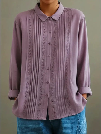 Blusa Abotonada de Manga Larga con Encaje y Plisados para Mujer