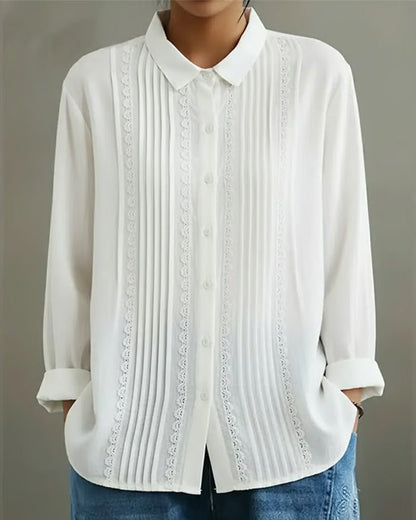 Blusa Abotonada de Manga Larga con Encaje y Plisados para Mujer