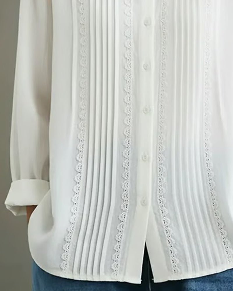 Blusa Abotonada de Manga Larga con Encaje y Plisados para Mujer
