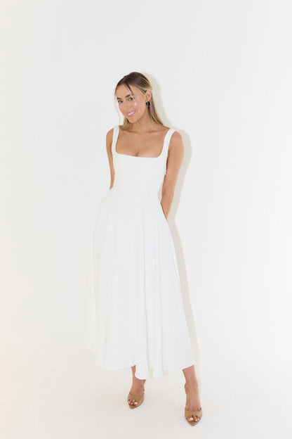 Vestido midi sin mangas con escote cuadrado y corte en A para mujer en blanco