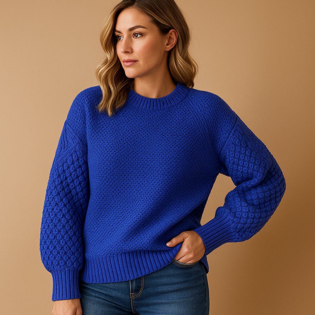 Suéter de punto suave con cuello redondo y mangas trenzadas para mujer