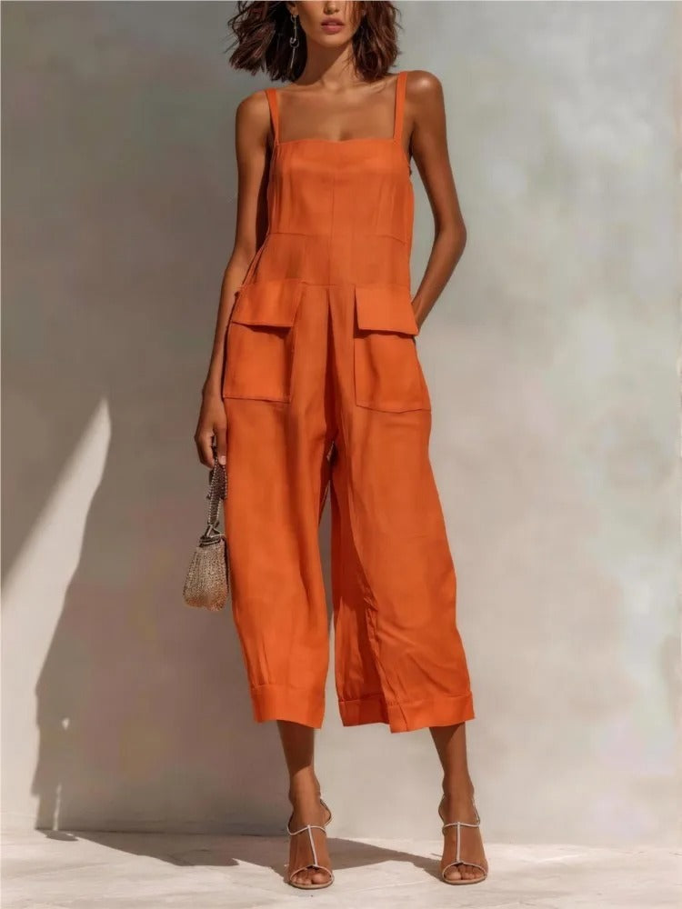 Vestido midi de lino con cinturón y bolsillos para mujer