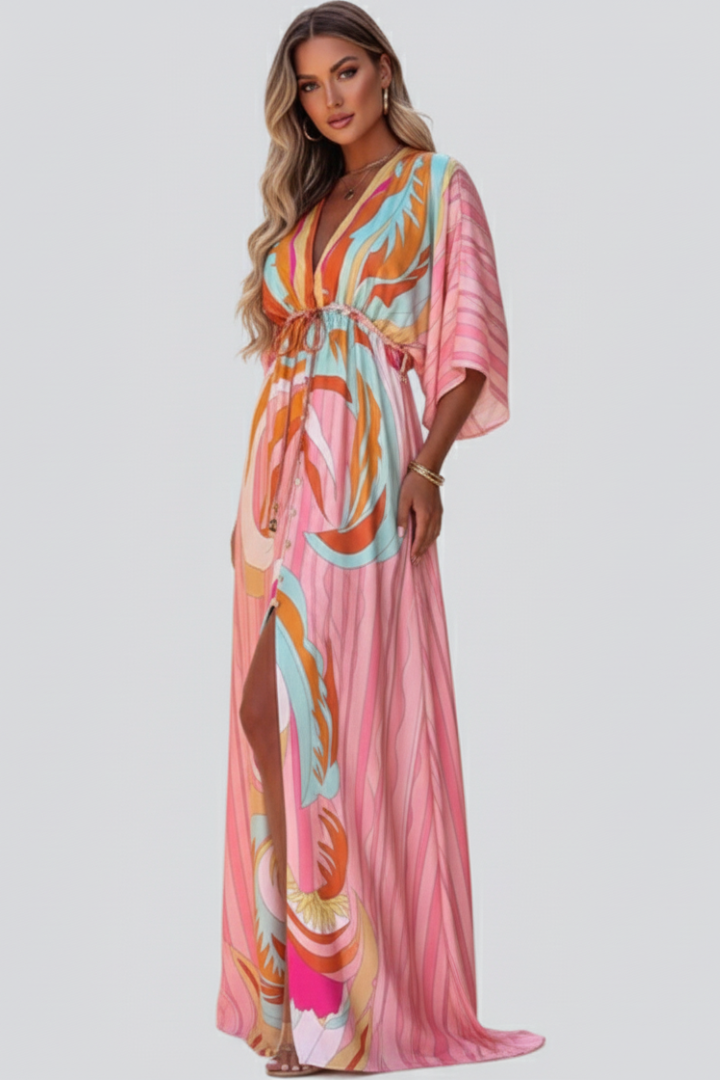 Vestido maxi estampado con cinturón y escote en V para mujer