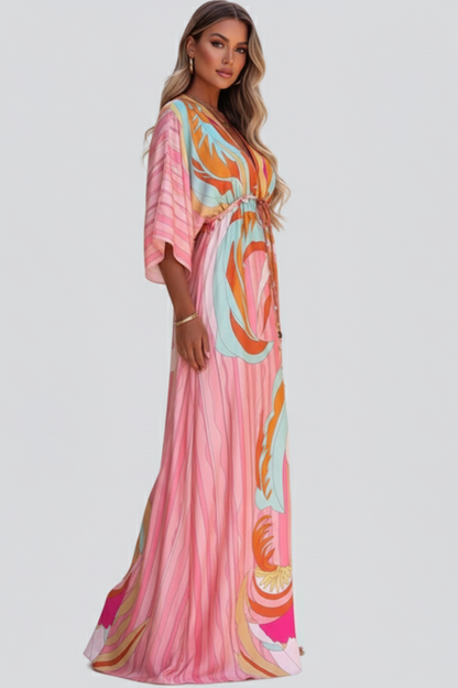 Vestido maxi estampado con cinturón y escote en V para mujer