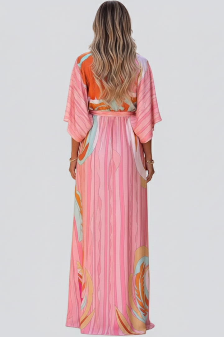 Vestido maxi estampado con cinturón y escote en V para mujer