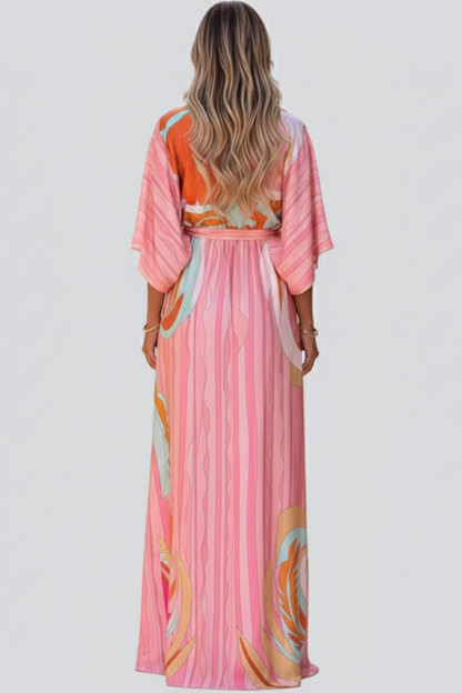 Vestido maxi estampado con cinturón y escote en V para mujer